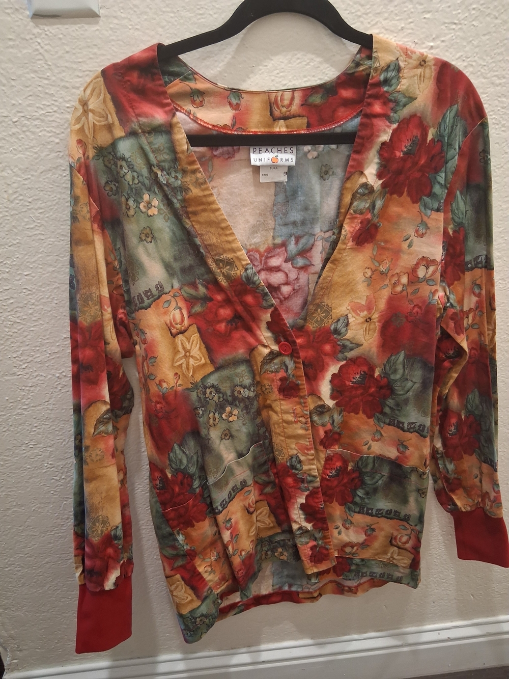 Peaches Uniforms Patchwork Floral Button-Up Top in Red, Green, Gold Long Sleeve